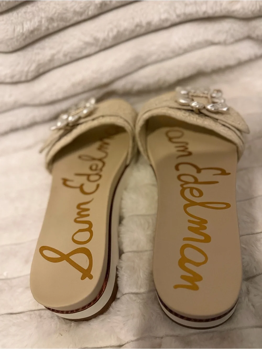 Sam Edelman Beige Lace Pearl-Buckle Slide Mules - Picture 7 of 9